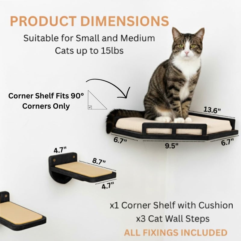 INICIO Cat Wall Shelves - Modern and Durable 3 Step Cat Furniture for Wall - Stylish Birch Floating Shelf for Cats up to 15lbs - Wooden Corner Shelves with Cushioned Perch - Black - Image 2